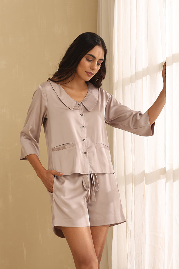 Sleep Wear Top With Shorts-Steel Gray