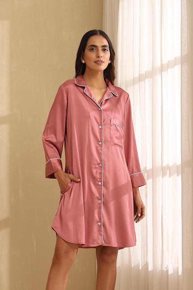 Satin Long Sleep  Shirt- Dusky Pink