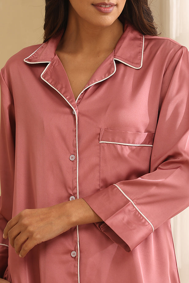 Satin Long Sleep  Shirt- Dusky Pink