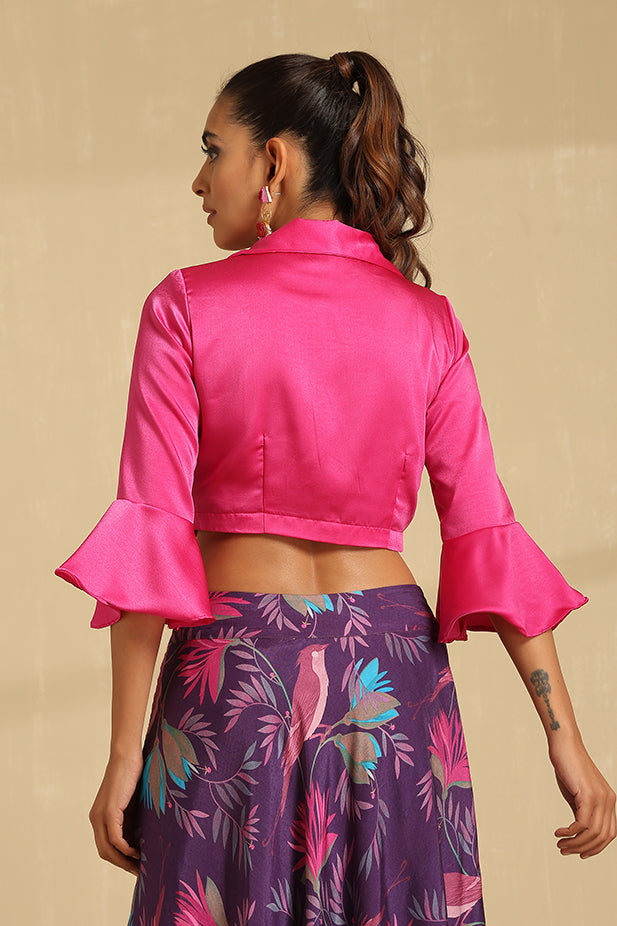 Hot Pink Top With Printed Muslin Skirt Lehenga Set