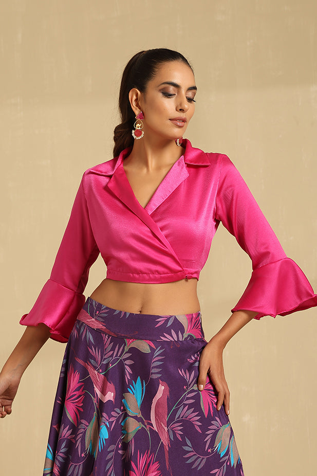 Hot Pink Top With Printed Muslin Skirt Lehenga Set