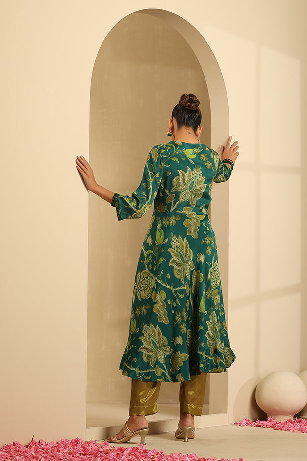 Pure Chinnon Printed flair Kurta-Set Green