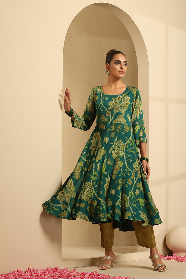 Pure Chinnon Printed flair Kurta-Set Green