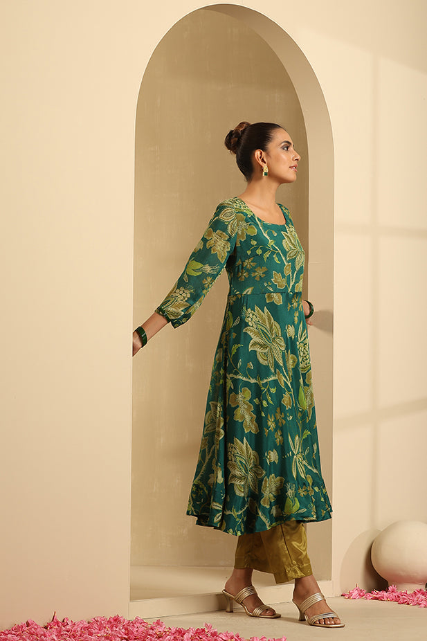 Pure Chinnon Printed flair Kurta-Set Green