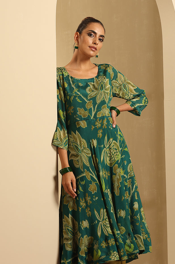 Pure Chinnon Printed flair Kurta-Set Green