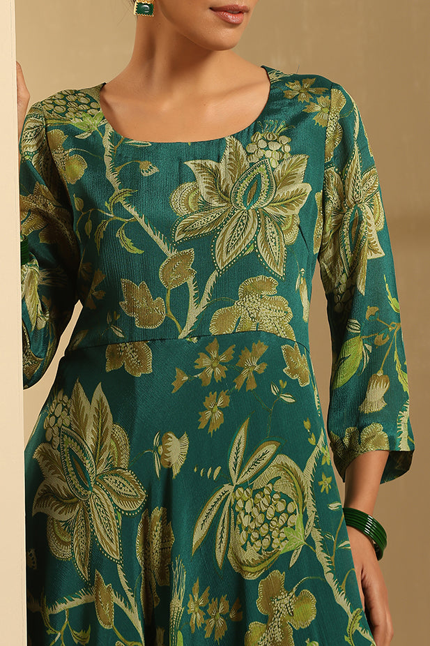 Pure Chinnon Printed flair Kurta-Set Green