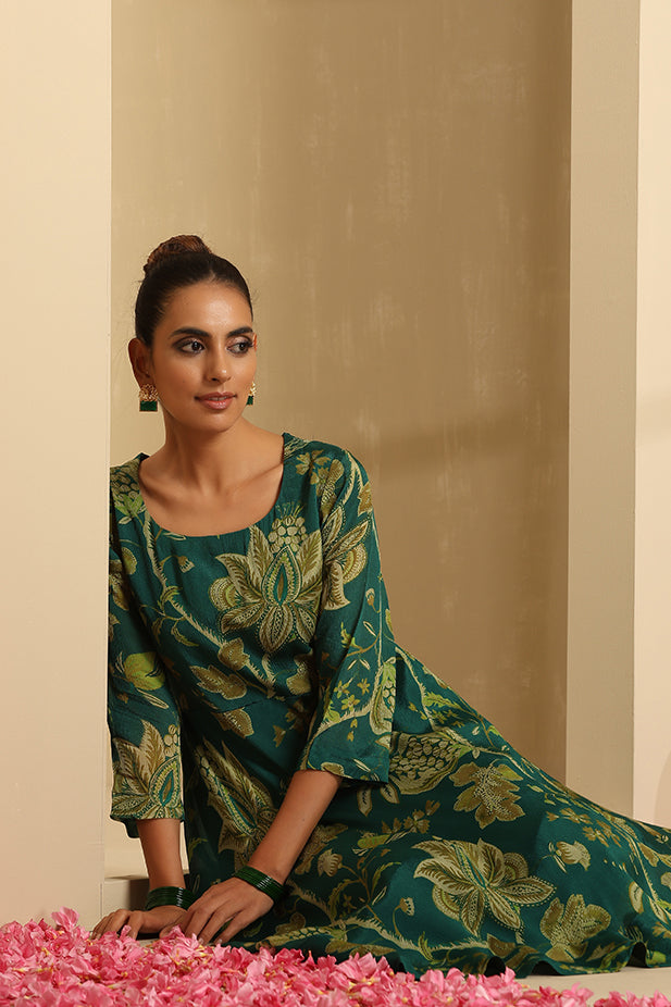 Pure Chinnon Printed flair Kurta-Set Green