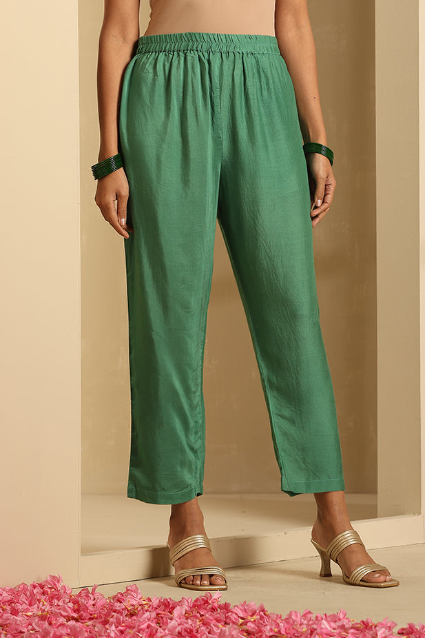 Muslin Silk Embroided Flair Kurta Set-Green