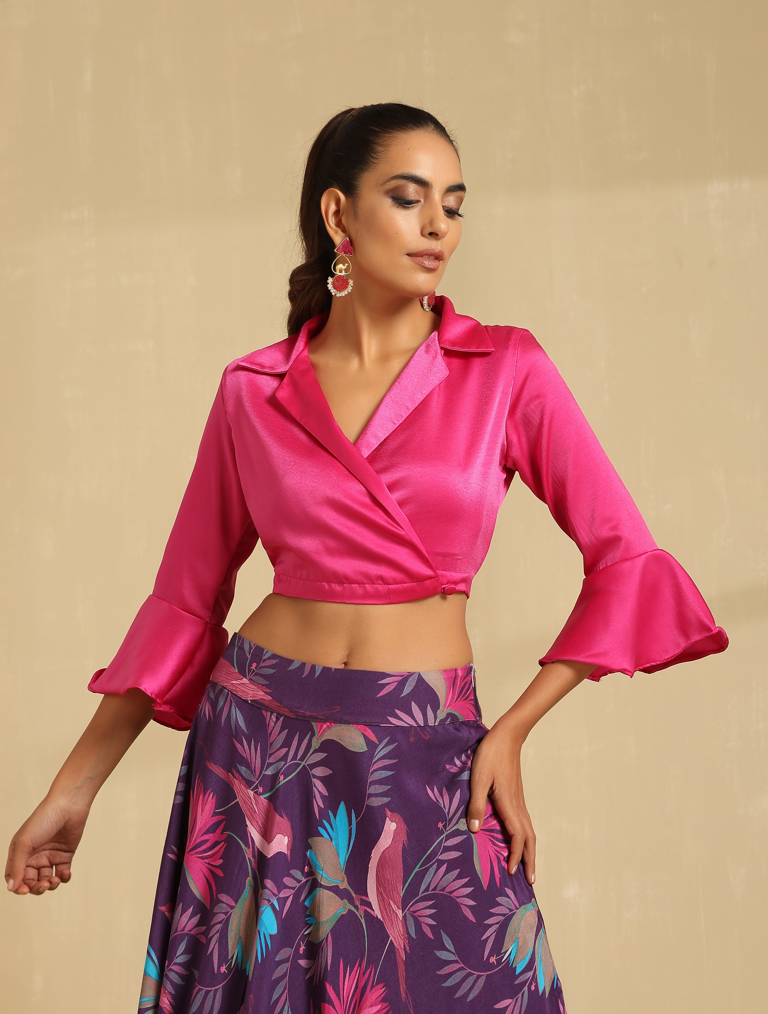 Hot Pink Coat Collar Wrap  Satin Blouse
