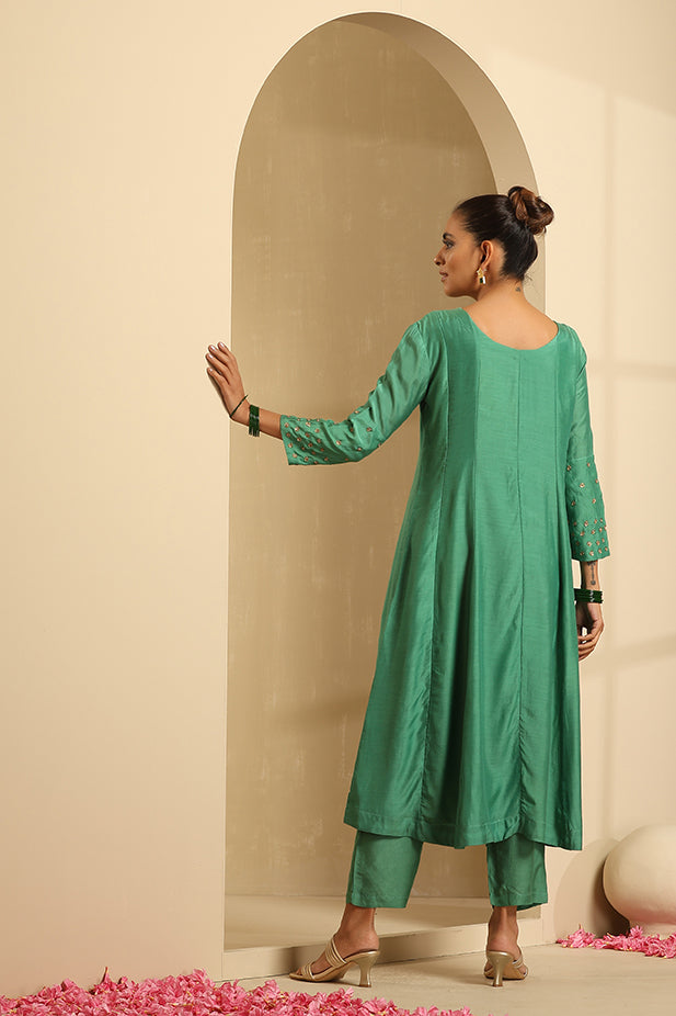 Muslin Silk Embroided Flair Kurta Set-Green