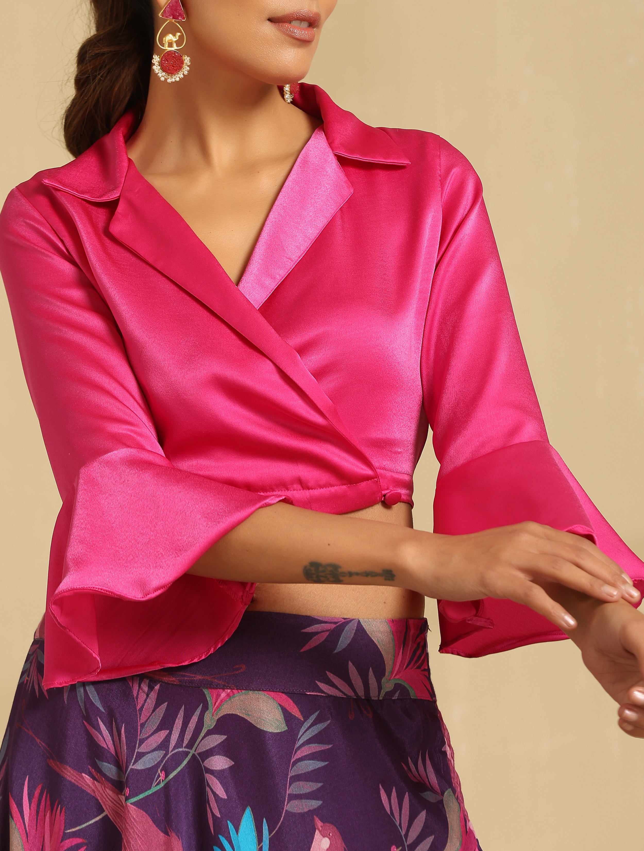 Hot Pink Coat Collar Wrap  Satin Blouse