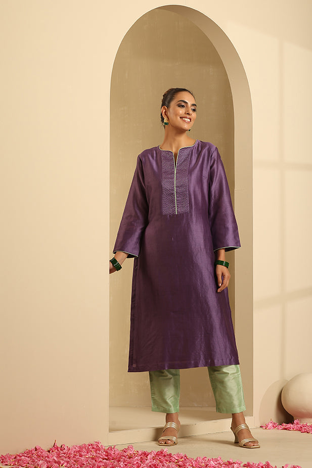 Chanderi Embroidied Kurta Set-Purple