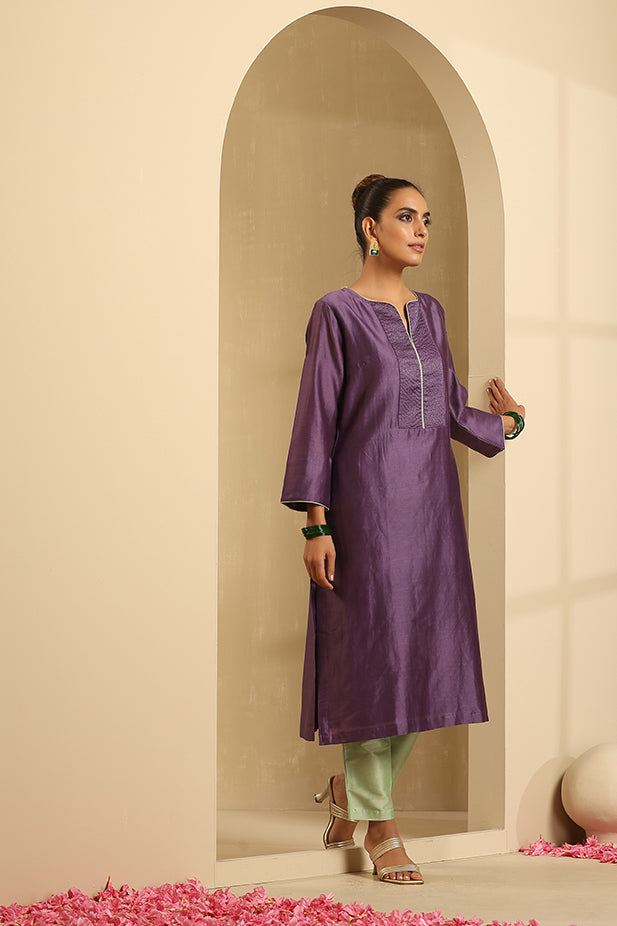 Chanderi Embroidied Kurta Set-Purple