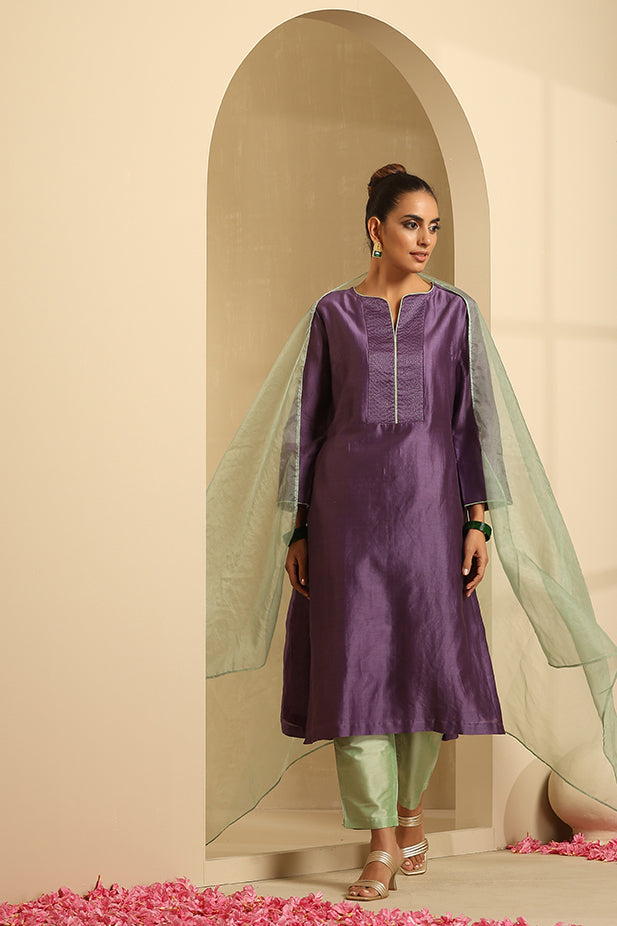 Chanderi Embroidied Kurta Set-Purple