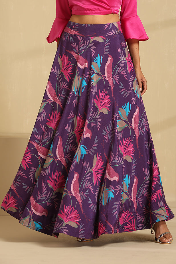 Hot Pink Top With Printed Muslin Skirt Lehenga Set