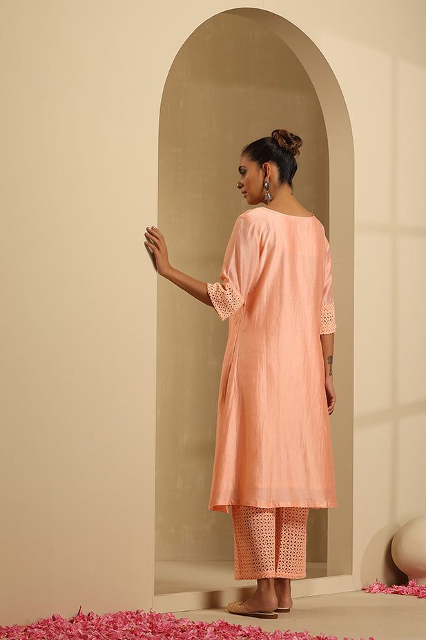 handeri Embroidied Kurta Set-Peach