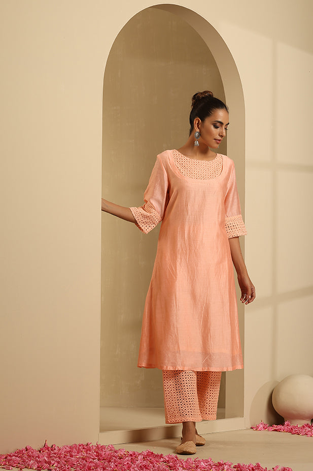 handeri Embroidied Kurta Set-Peach