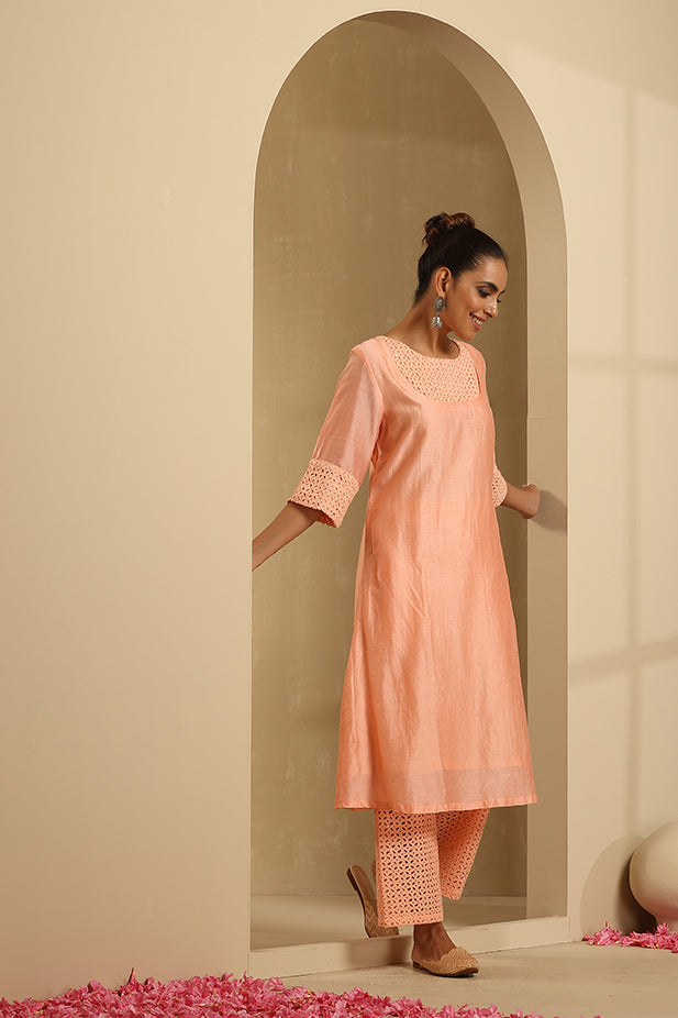 handeri Embroidied Kurta Set-Peach
