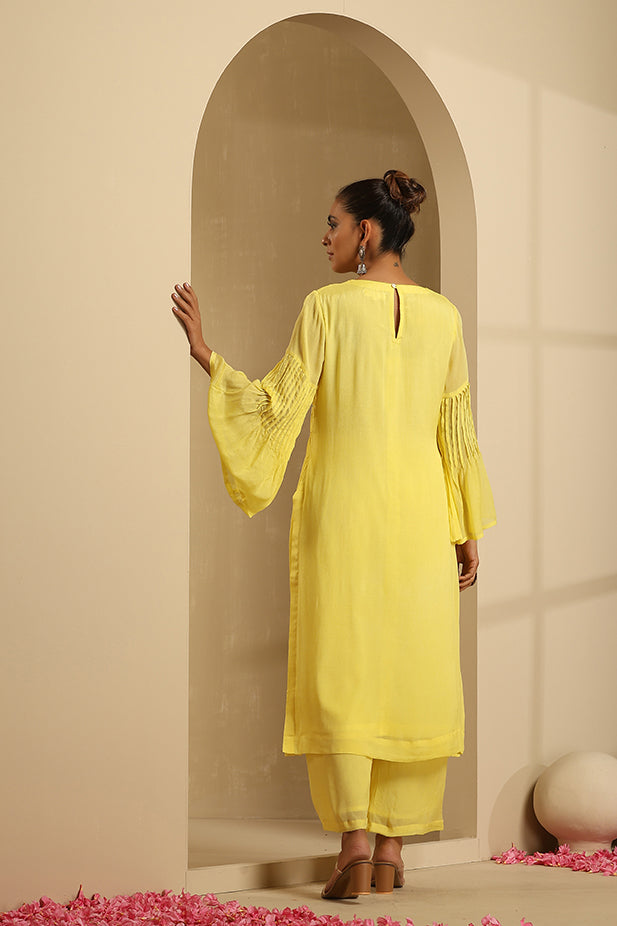 Pure Chinon Pintuck Kurta thread work Set-Yellow