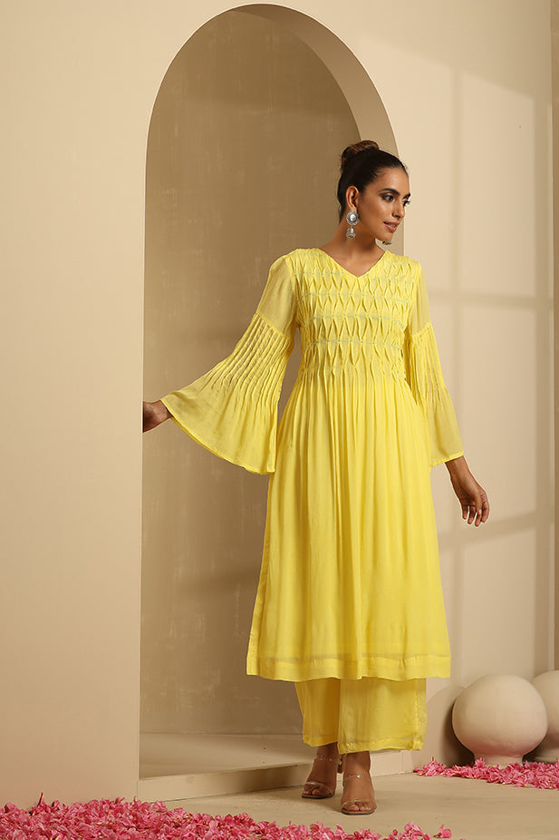 Pure Chinon Pintuck Kurta thread work Set-Yellow
