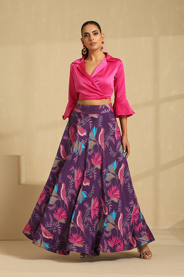 Hot Pink Top With Printed Muslin Skirt Lehenga Set