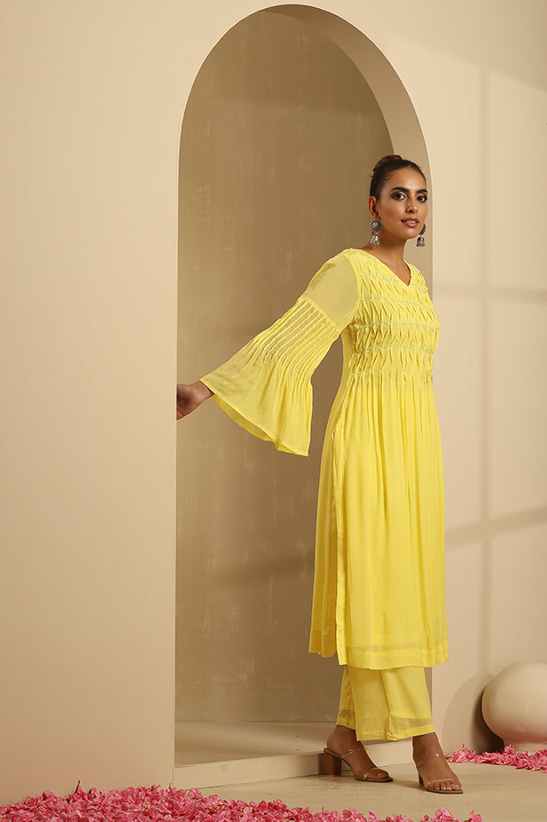 Pure Chinon Pintuck Kurta thread work Set-Yellow