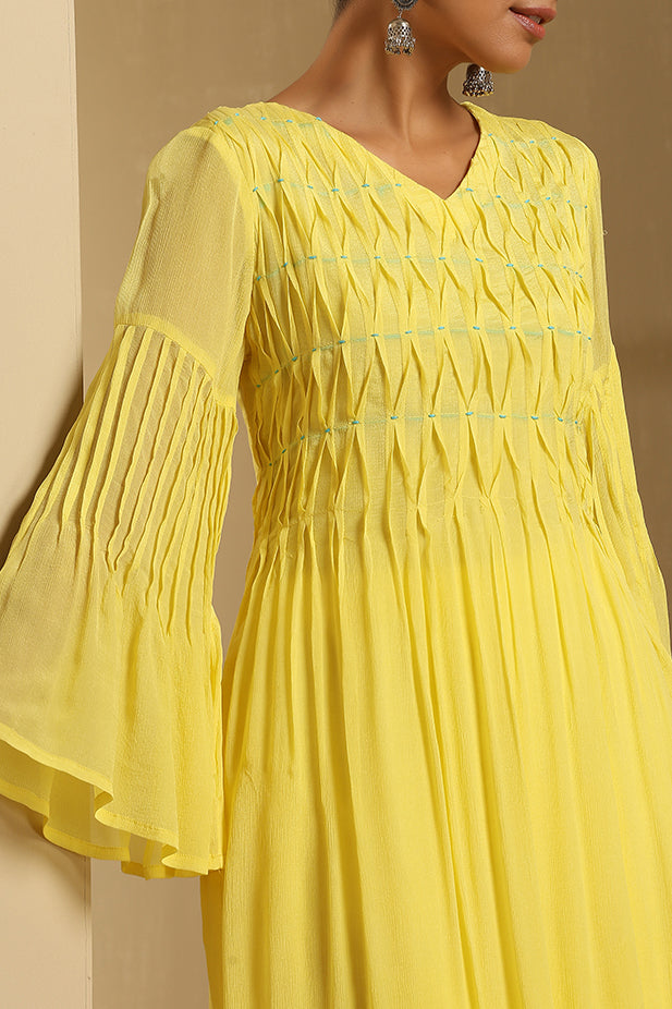 Pure Chinon Pintuck Kurta thread work Set-Yellow