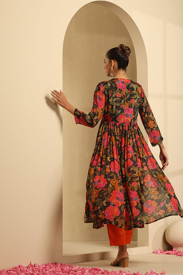 Pure Chinnon Printed flair Kurta Set- Black