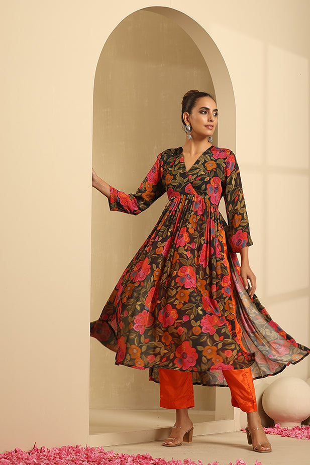 Pure Chinnon Printed flair Kurta Set- Black