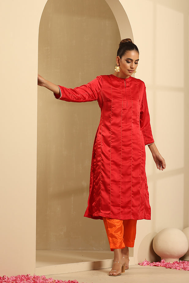 Luxury Satin Embroided-Red kurta set
