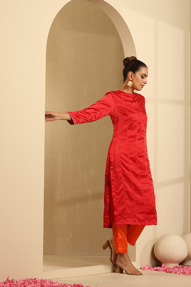 Luxury Satin Embroided-Red kurta set