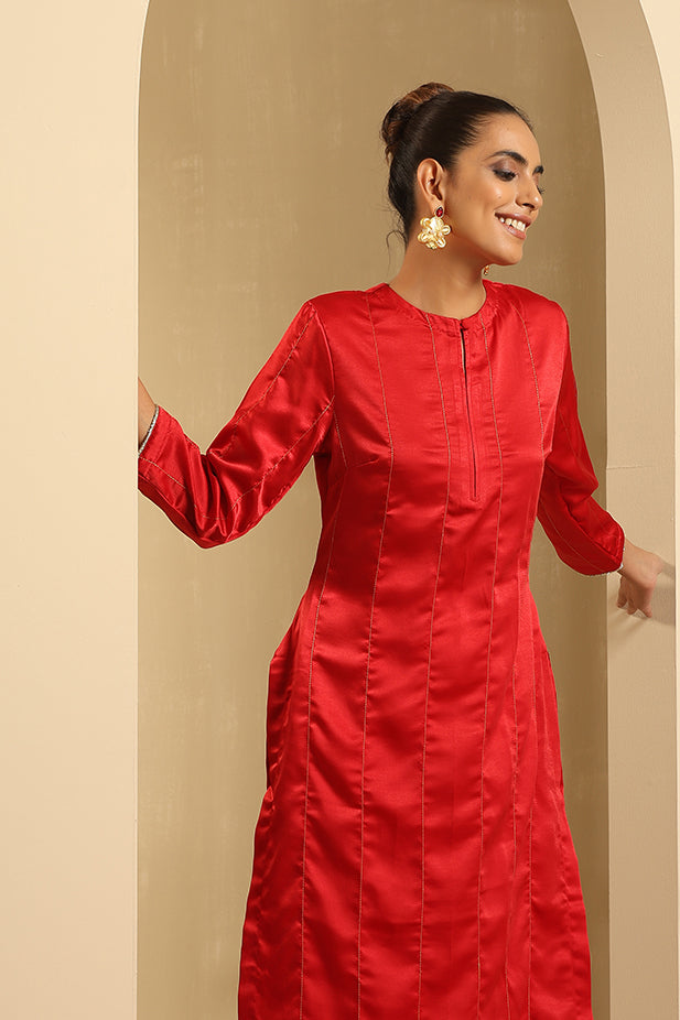 Luxury Satin Embroided-Red kurta set