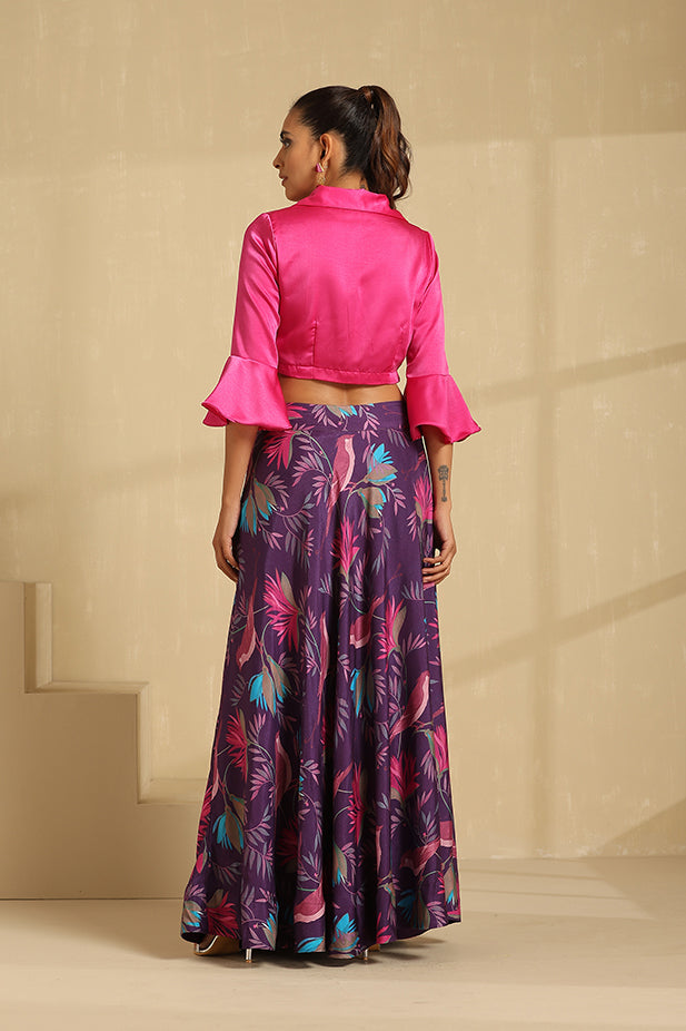 Hot Pink Top With Printed Muslin Skirt Lehenga Set