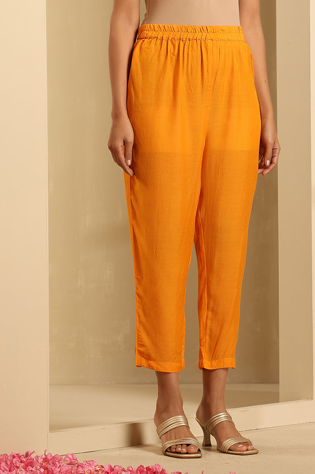 Muslin Silk Embroided Flair Kurta Set-Yellow