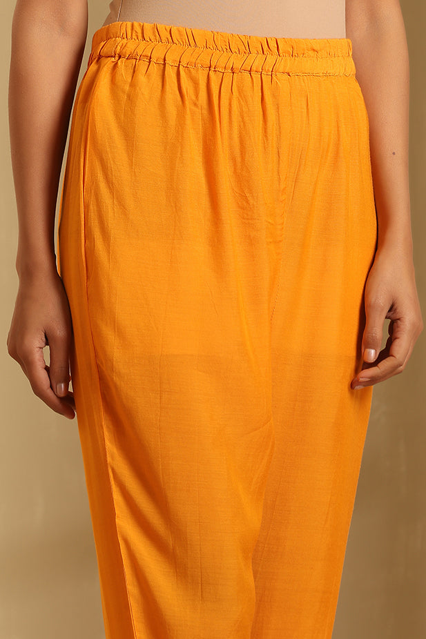 Muslin Silk Embroided Flair Kurta Set-Yellow