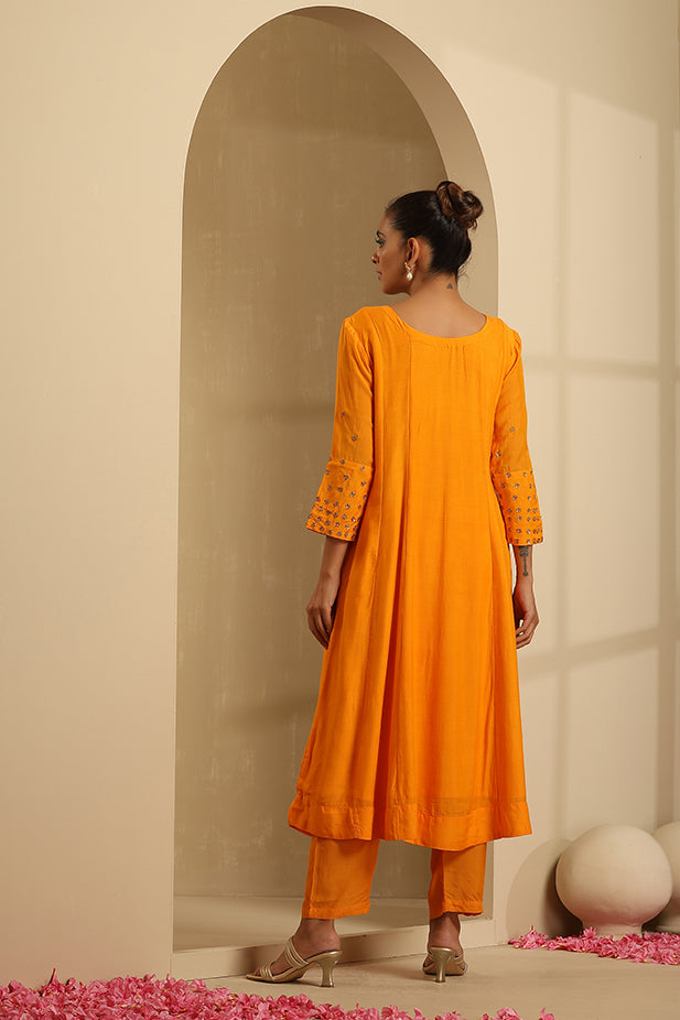 Muslin Silk Embroided Flair Kurta Set-Yellow