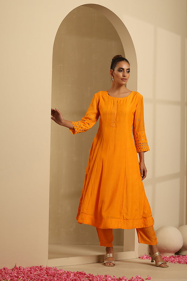 Muslin Silk Embroided Flair Kurta Set-Yellow