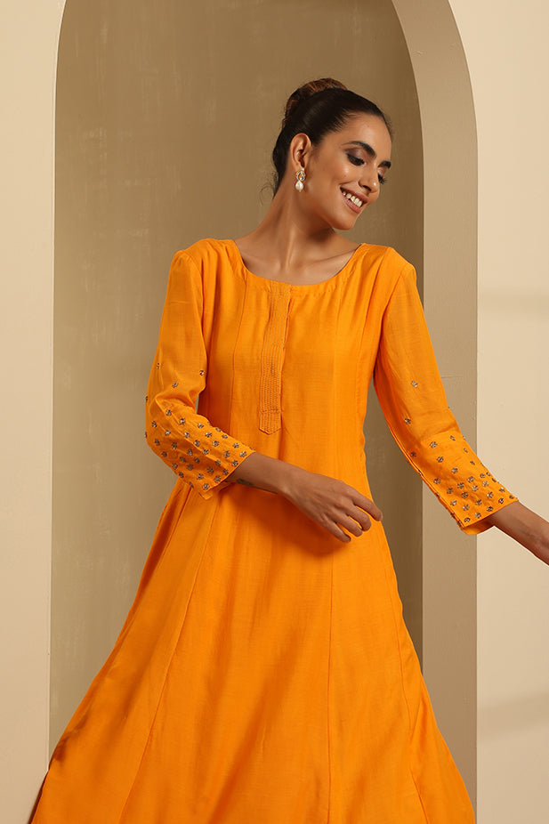 Muslin Silk Embroided Flair Kurta Set-Yellow