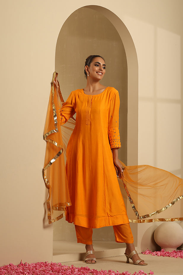 Muslin Silk Embroided Flair Kurta Set-Yellow