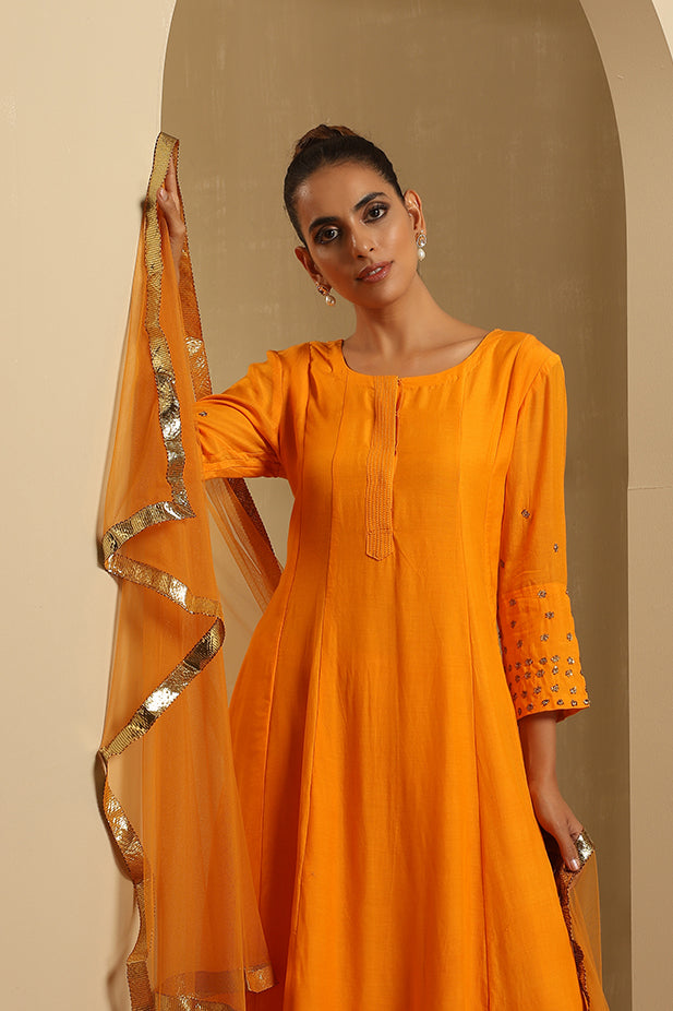 Muslin Silk Embroided Flair Kurta Set-Yellow