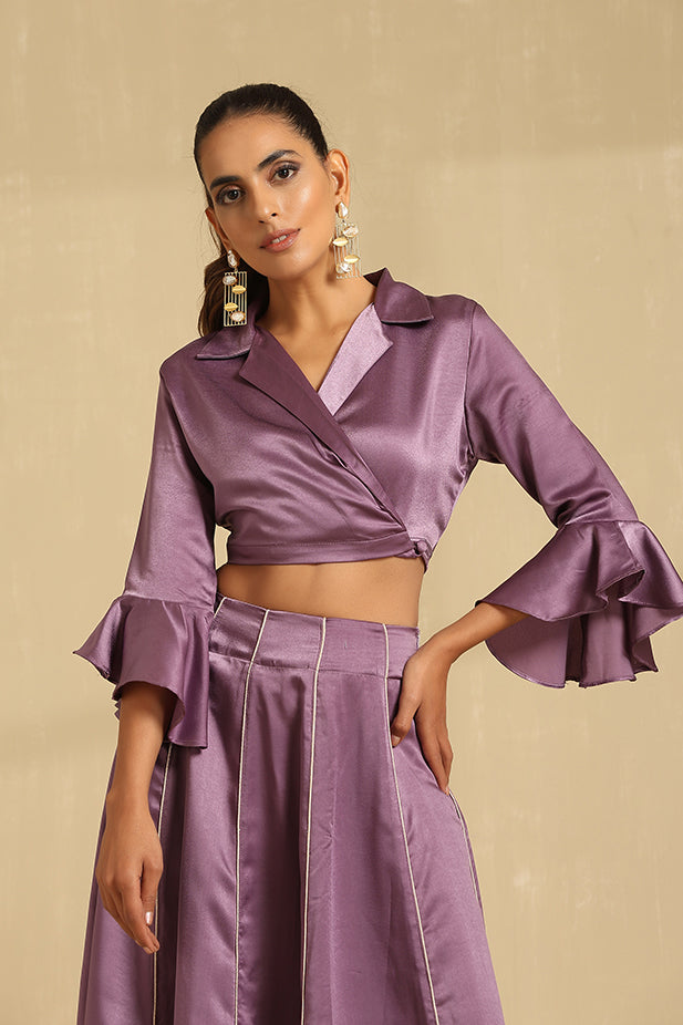 Luxery Satin Lehenga With Wrap Top Set-Mouve