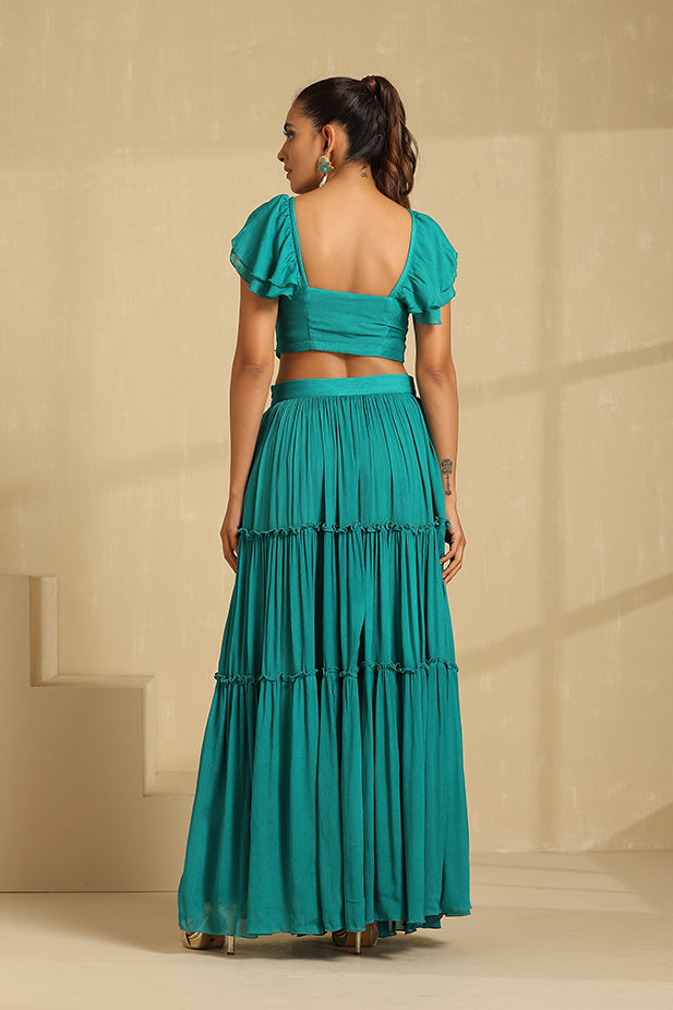 Pure Chinnon Ruffle Lehenga Set-Teal Green