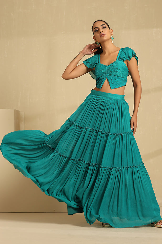 Pure Chinnon Ruffle Lehenga Set-Teal Green