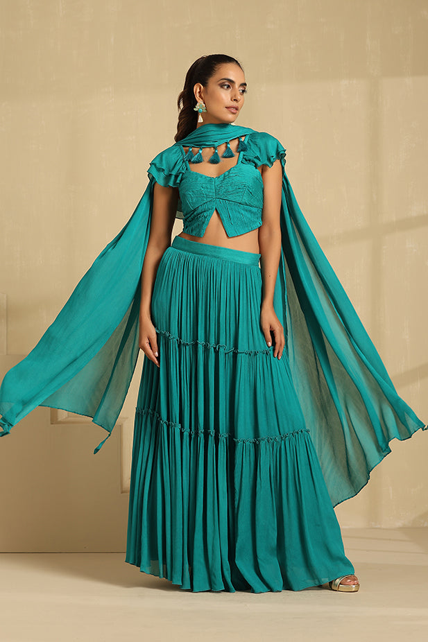 Pure Chinnon Ruffle Lehenga Set-Teal Green