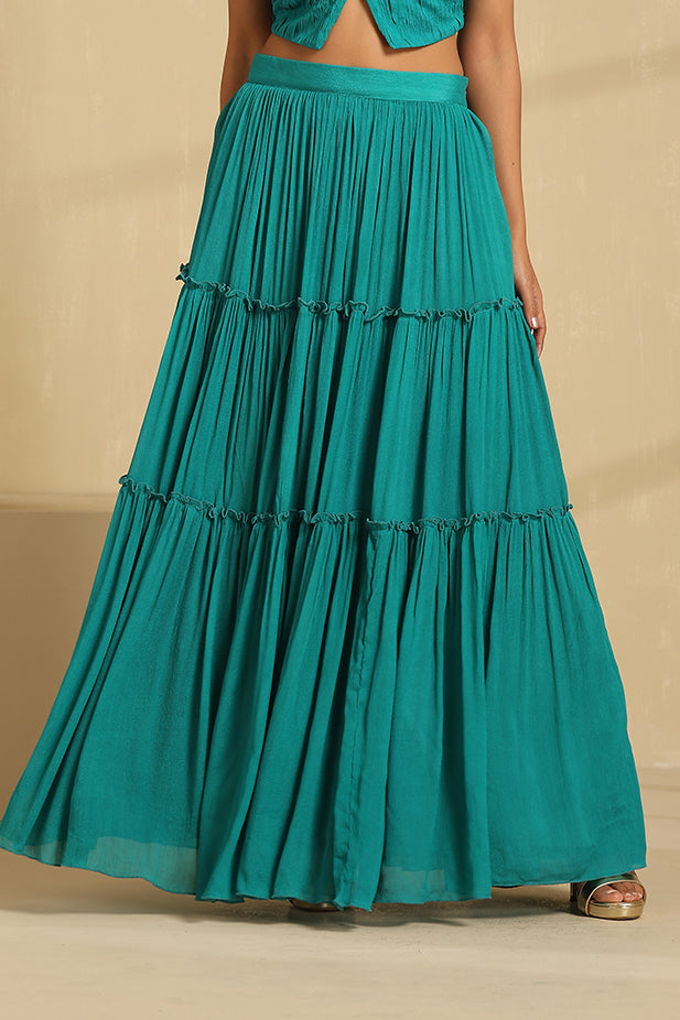 Pure Chinnon Ruffle Lehenga Set-Teal Green