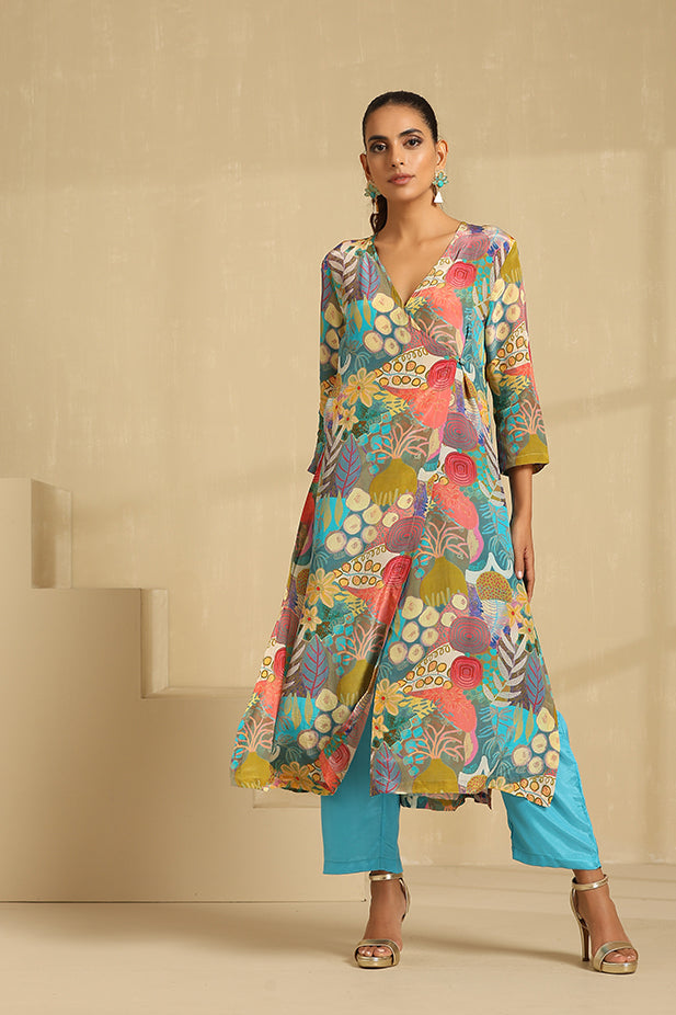 Pure Crape Printed Angrakha Kurta Set