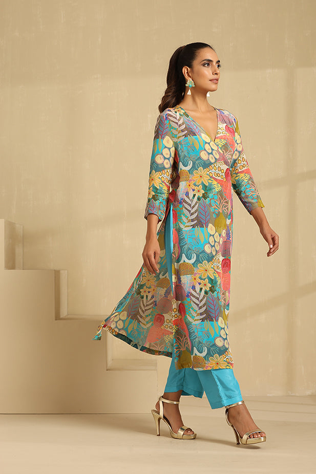 Pure Crape Printed Angrakha Kurta Set