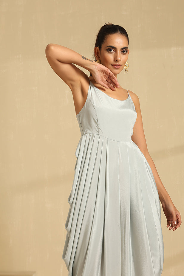 Crape Dhoti Dress with Dupatta-Dusky Blue