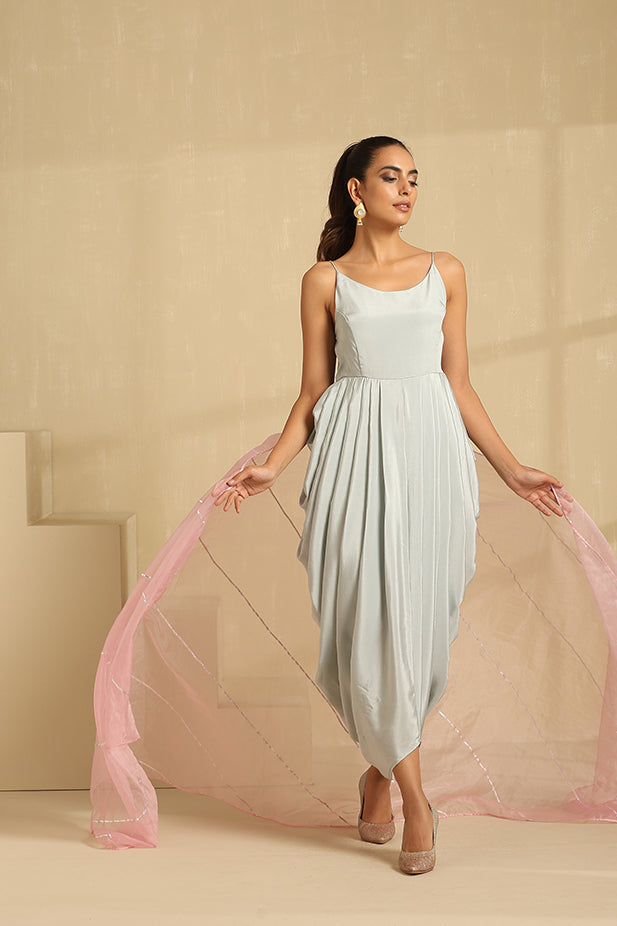 Crape Dhoti Dress with Dupatta-Dusky Blue