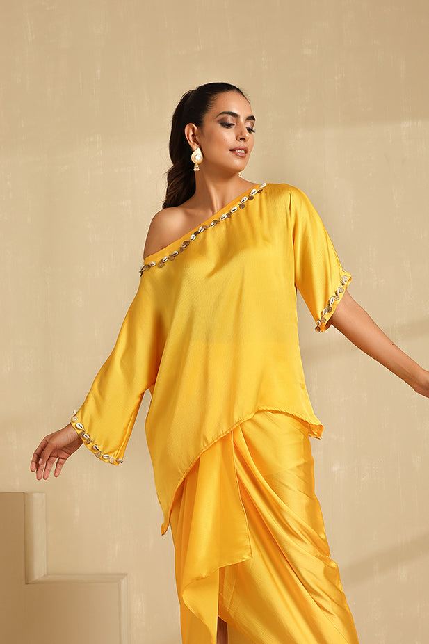 Draped Skirt Dhoti with off Shoulder Embroidery Top Set-yellow